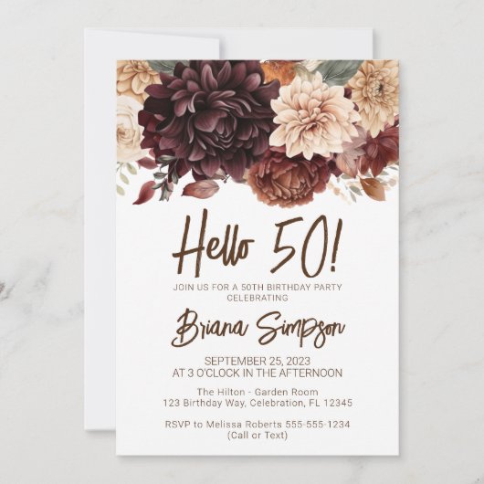 50ste verjaardagsfeestje bruin beige bloemen bloem kaart (Voorkant)