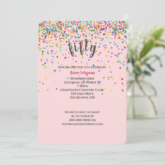 50ste verjaardagsfeestje confetti uitnodiging (Staand voorkant)