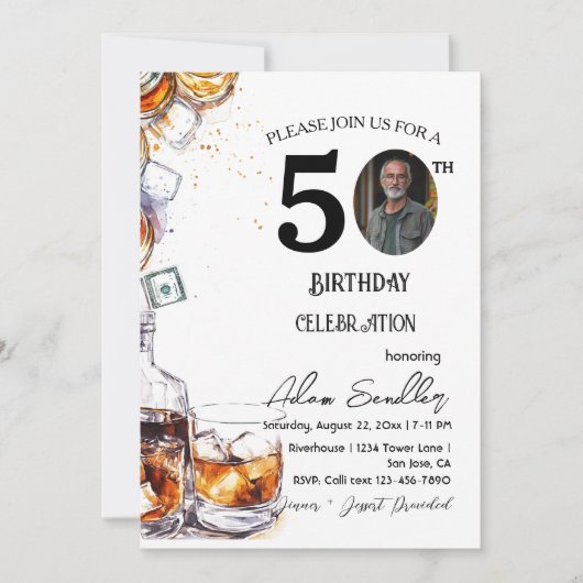 50ste verjaardagsfeestje en whisky en drinken kaart (Voorkant)