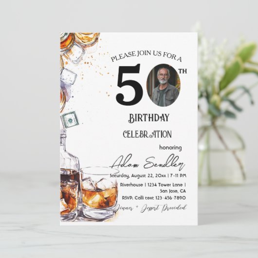 50ste verjaardagsfeestje en whisky en drinken kaart (Staand voorkant)
