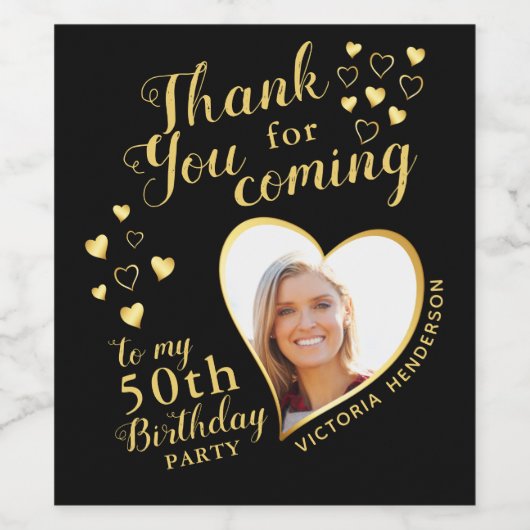 50ste verjaardagsfeestje foto zwart en goud dank u wijn etiket (Enkel label)