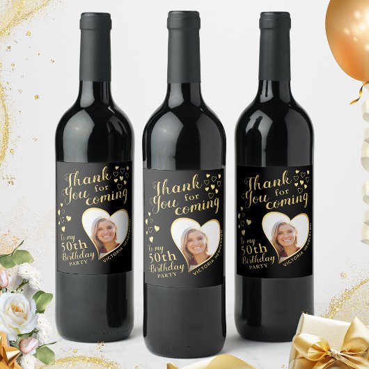 50ste verjaardagsfeestje foto zwart en goud dank u wijn etiket