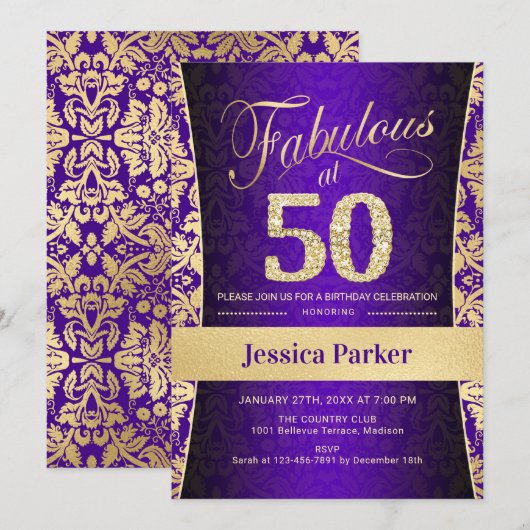 50ste verjaardagsfeestje - Goud Paarse Kaart (Voorkant / Achterkant)