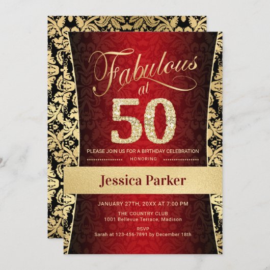 50ste verjaardagsfeestje - Goud Rood Zwart Kaart (Voorkant / Achterkant)