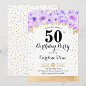 50ste verjaardagsfeestje - gouden paarse bloemen kaart (Voorkant / Achterkant)