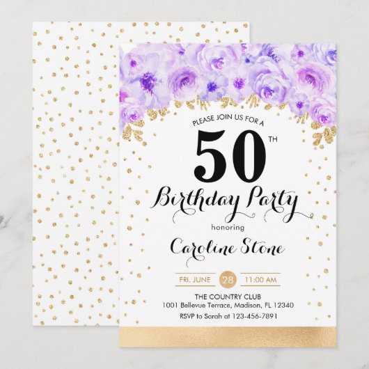 50ste verjaardagsfeestje - gouden paarse bloemen kaart (Voorkant / Achterkant)