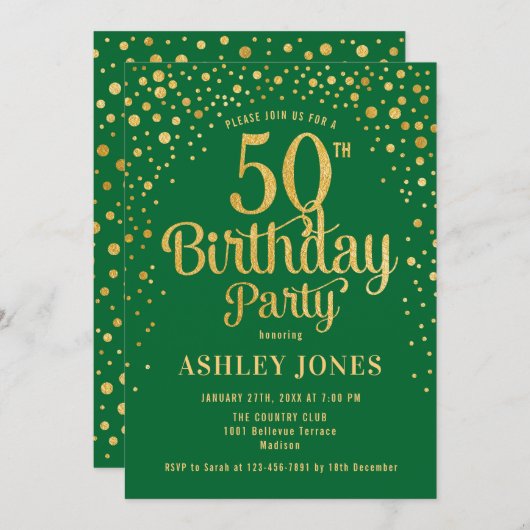 50ste verjaardagsfeestje - Groen & Goud Kaart (Voorkant / Achterkant)