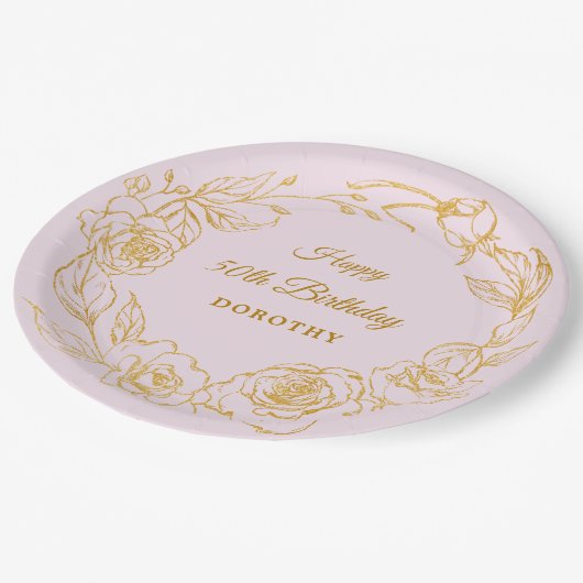 50ste verjaardagsfeestje Luxe Goud Roos Bloemenroz Papieren Bordje (Gekanteld)