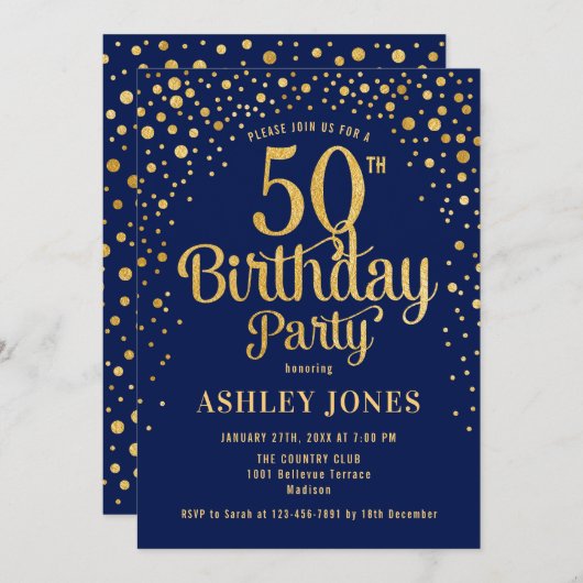 50ste verjaardagsfeestje - Navy & Gold Kaart (Voorkant / Achterkant)