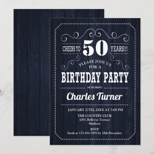 50ste verjaardagsfeestje - Navy Wood Pattern Kaart (Voorkant / Achterkant)