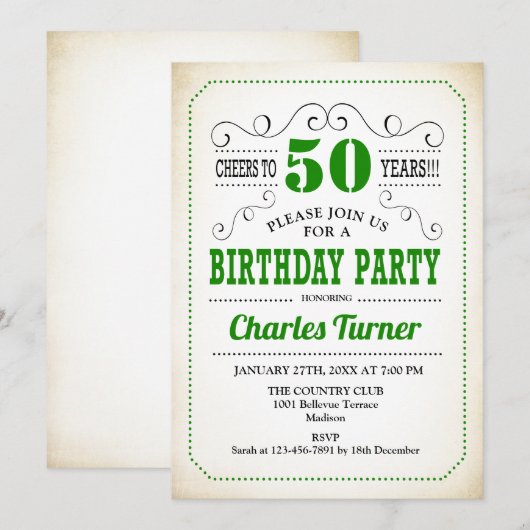50ste verjaardagsfeestje - Retro Creamy Wit en Gro Kaart (Voorkant / Achterkant)