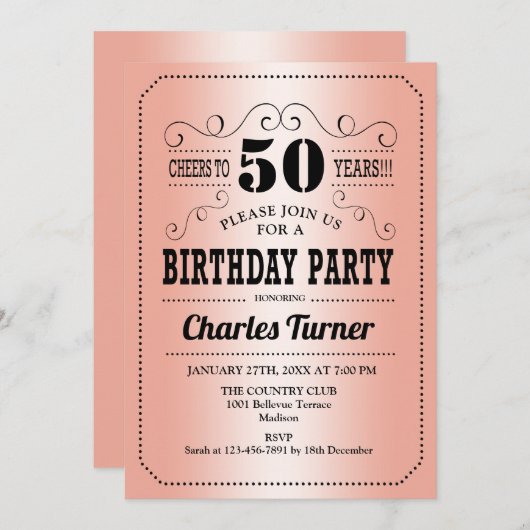 50ste verjaardagsfeestje - Roos Gold Kaart (Voorkant / Achterkant)