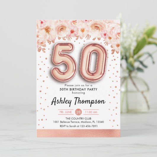 50ste verjaardagsfeestje - Roos gouden ballonnen Kaart (Staand voorkant)