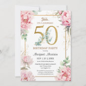 50ste verjaardagsfeestje roze pioen elegante bloem kaart (Voorkant)