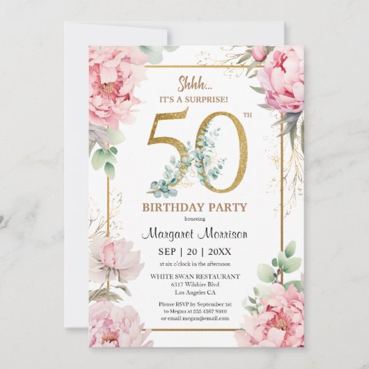 50ste verjaardagsfeestje roze pioen elegante bloem kaart (Voorkant)