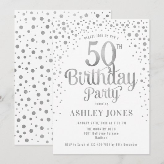 50ste verjaardagsfeestje - Wit & Zilver Kaart (Voorkant / Achterkant)