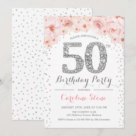 50ste verjaardagsfeestje - wit zilver roze kaart (Voorkant / Achterkant)