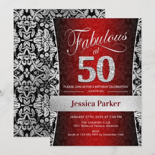 50ste verjaardagsfeestje - Zilver Rood Zwart Kaart (Voorkant / Achterkant)
