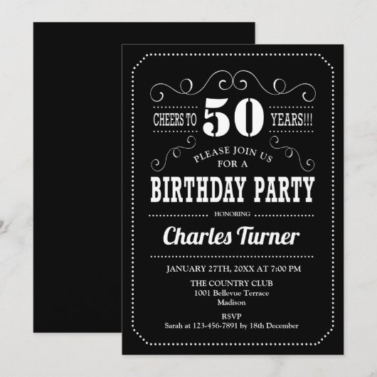 50ste verjaardagsfeestje - Zwart Wit Kaart (Voorkant / Achterkant)