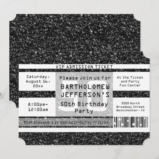 50ste verjaardagsfeestticket, Black Shimmer Kaart (Voorkant / Achterkant)