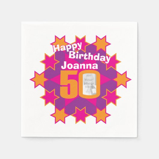 50ste verjaardagsfoto en noem roze sterluiers servetten (Voorkant)