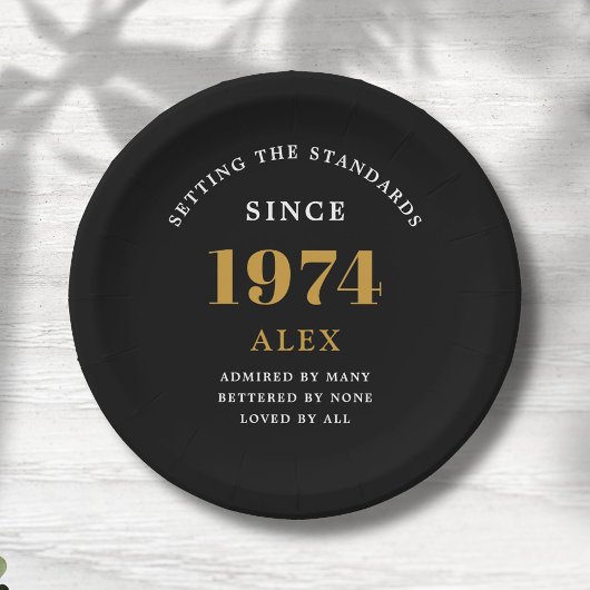 50ste Verjaardagsnaam 1974 Zwart Goud Elegant Chic Papieren Bordje