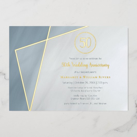 50ste verjaardagsviering stoffig blauwe gouden lij folie uitnodiging (Voorkant)