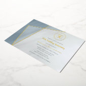 50ste verjaardagsviering stoffig blauwe gouden lij folie uitnodiging (Gedraaid)