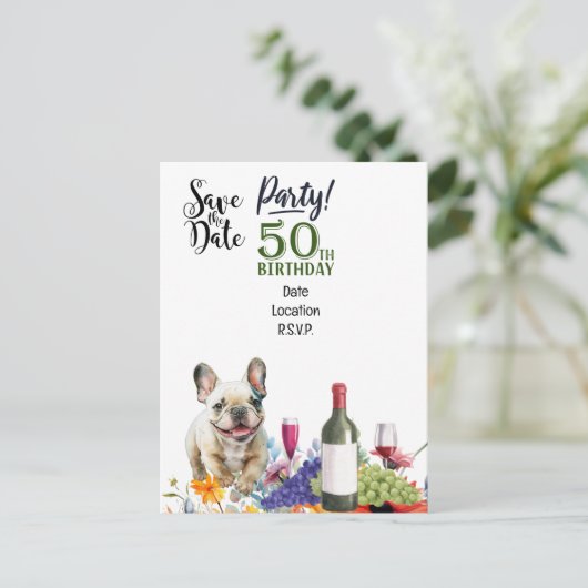 50ste verparty met Franse buldog Briefkaart (Staand voorkant)