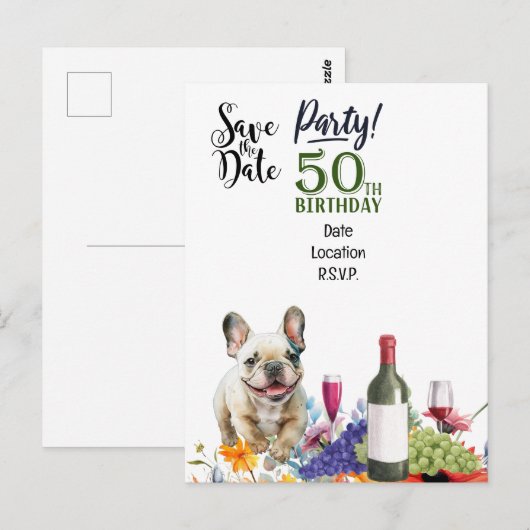 50ste verparty met Franse buldog Briefkaart (Voorkant / Achterkant)