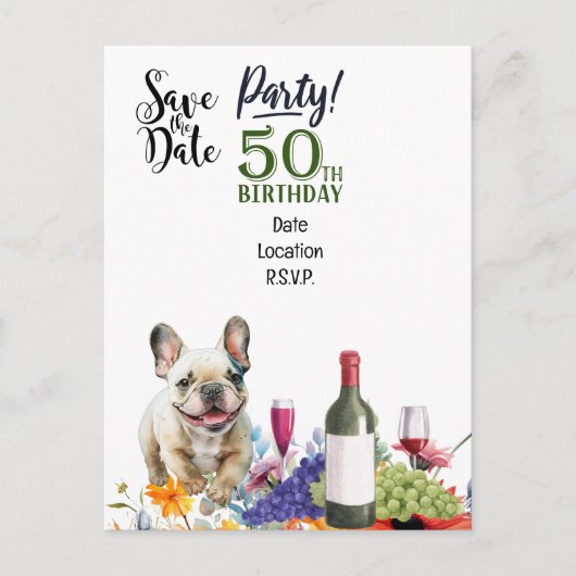 50ste verparty met Franse buldog Briefkaart (Voorkant)
