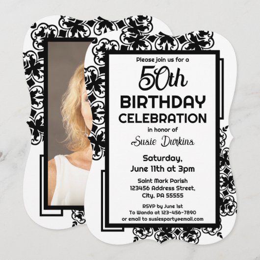 50ste zwart-wit verjaardagsfeestje kaart (Voorkant / Achterkant)