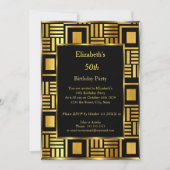 50t Art Deco Birthday Party Gold Black Uitnodiging (Voorkant)