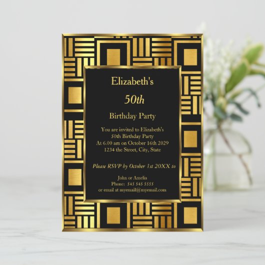 50t Art Deco Birthday Party Gold Black Uitnodiging (Staand voorkant)