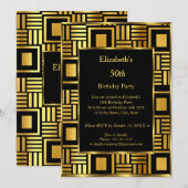 50t Art Deco Birthday Party Gold Black Uitnodiging (Voorkant / Achterkant)