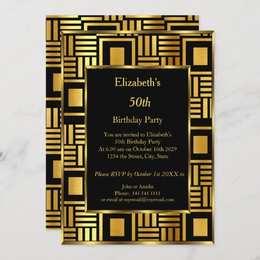 50t Art Deco Birthday Party Gold Black Uitnodiging (Voorkant / Achterkant)