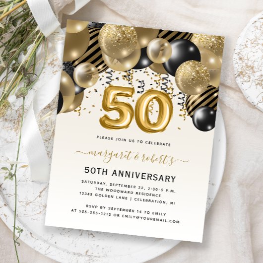 50th Anniversary Black Gold Balloon Arch Party Briefkaart