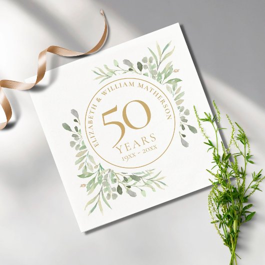 50th Anniversary Gold Greenery Leaves Watercolor Servet