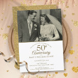 50th Anniversary Gold Heart Confetti Wedding Photo Kaart<br><div class="desc">Personalize with your favorite wedding photo and your special 50th golden wedding anniversary celebration details in chic gold typography. The reverse features gold love heart confetti. Designed by Thisisnotme©</div>
