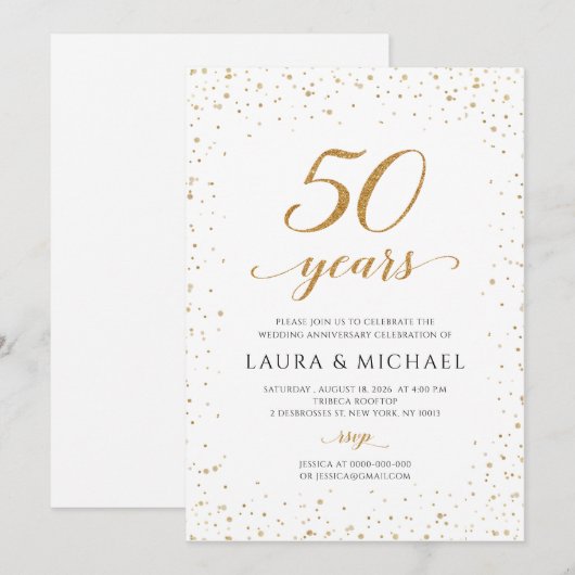 50th Anniversary Invitation, Gold Wedding Invites Kaart (Voorkant / Achterkant)