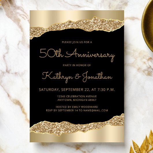 50th Anniversary Party Black Gold Foil Glitter  Kaart