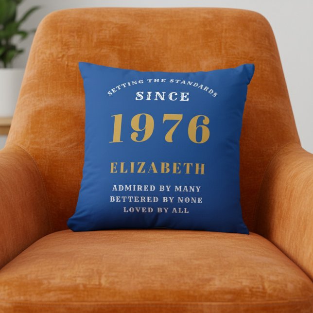 50th Birthday 1976 Add Name Blue Gold Personalized Kussen (1976 Blue throw pillow on orange chair.)