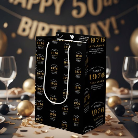 50th Birthday 1976 Black Gold Chic Elegant Medium Cadeauzakje