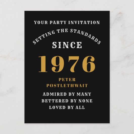 50th Birthday 1976 Black Gold Invitation Briefkaart (Voorkant)