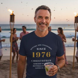 50th Birthday 1976 Blue White Gold Elegant Name T-shirt