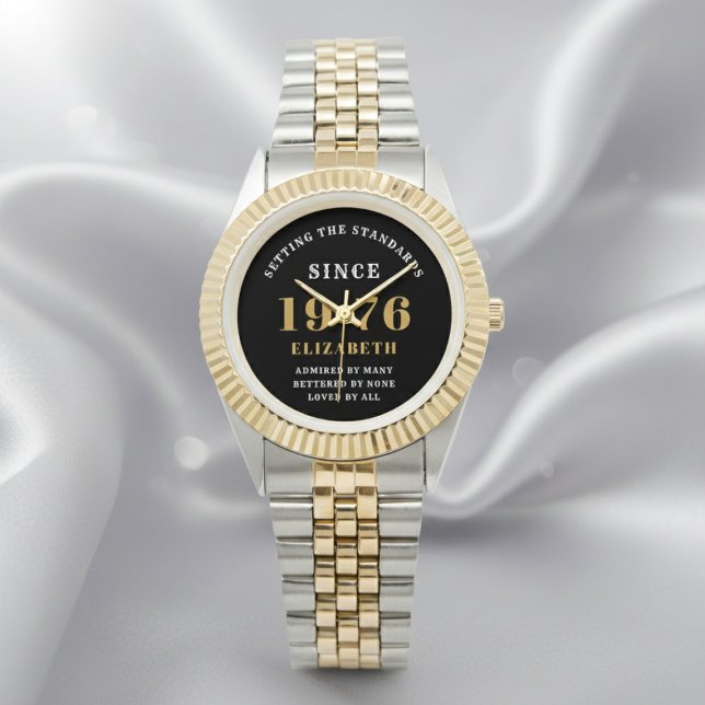 50th Birthday 1976 Elegant Black White Chic Horloge (Born 1976 watch. Silver out of focus background.)