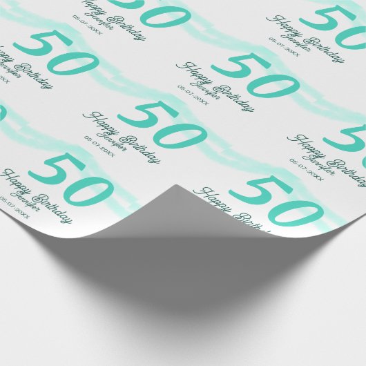 50th birthday add name date year green pastel bold cadeaupapier (Hoek)