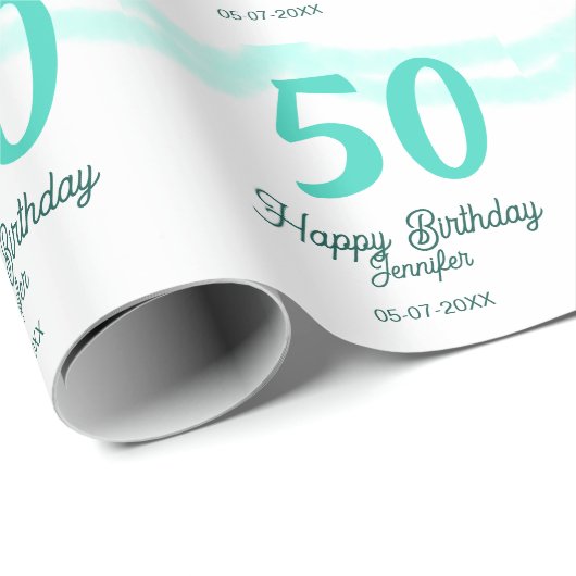 50th birthday add name date year green pastel bold cadeaupapier (Rol Hoek)