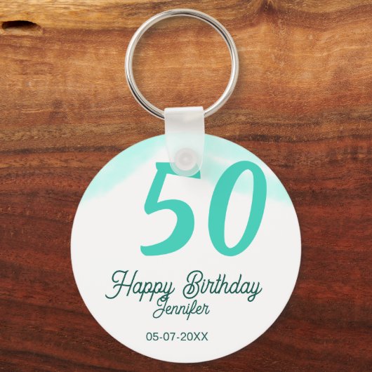 50th birthday add name date year green pastel bold sleutelhanger (Achterkant)