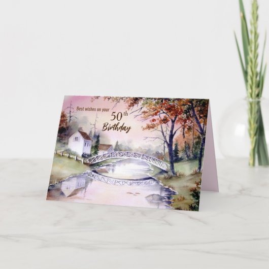 50th Birthday Arched Bridge Waterverf schilderen Kaart (Voorkant)